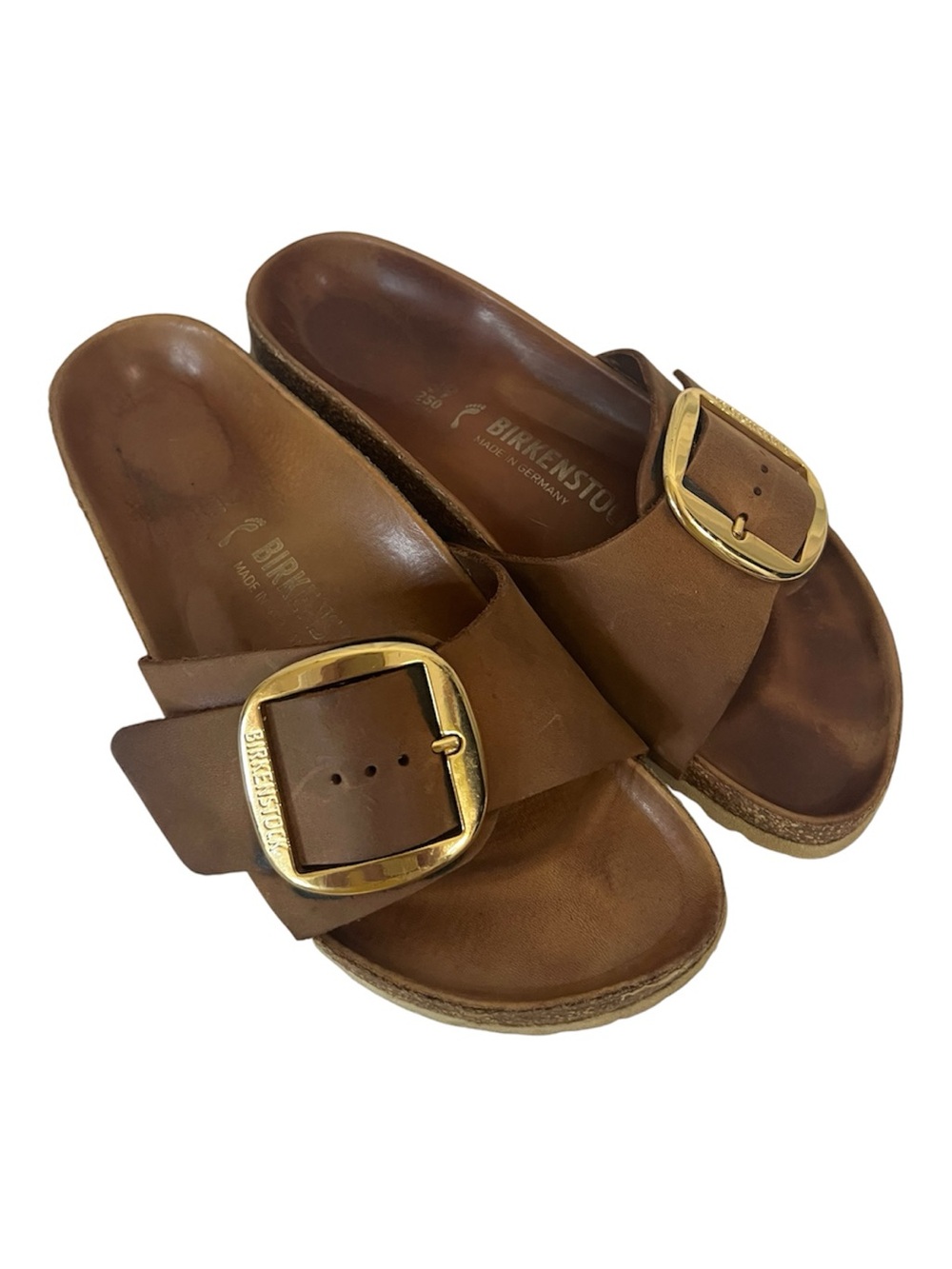 Women’s Birkenstock Madrid Cognac Leather Big Gold Buckle Sandal